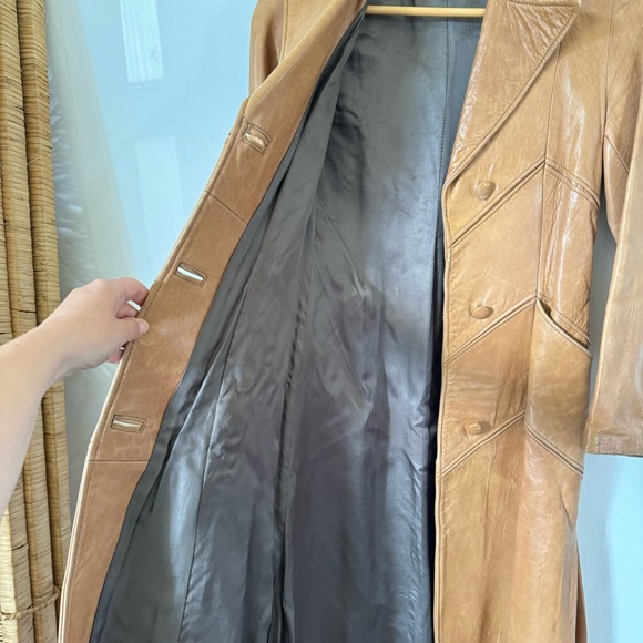 Vintage 70s Brown Leather Maxi Coat Chevron Stitching Retro Boho Womens XS - Picture 9 of 13